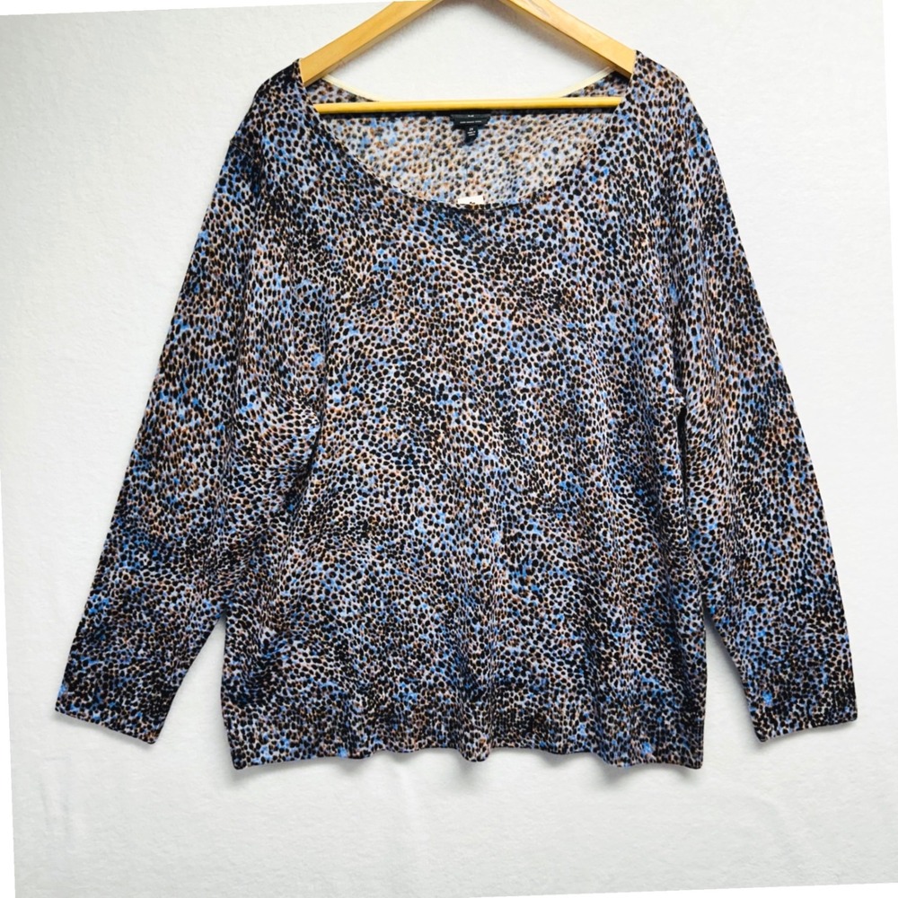 Talbots Sweater Women 2X Blue Brown Animal Print Pure Merino Wool Scoop Neck NEW